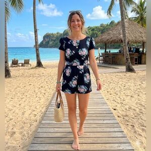 Monteau Navy Floral Romper Size S Short Sleeve Summer Beach
